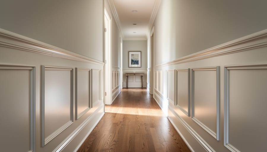 Upstairs hallway with custom millwork and wainscoting details