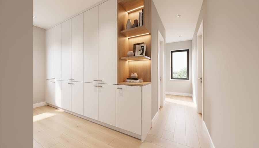 Upstairs hallway with built-in cabinets and linen closet storage