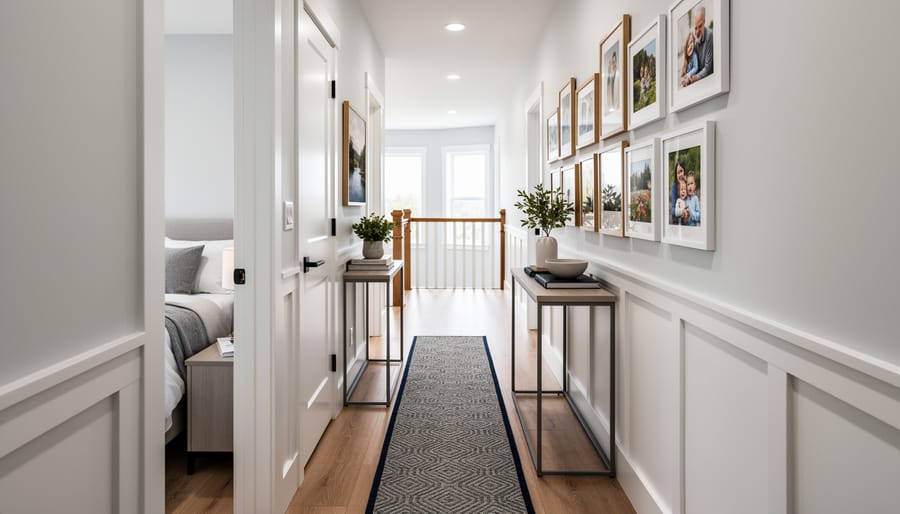 Bright upstairs hallway with a runner rug and framed artwork displayed along the walls, lit by soft natural daylight and leading to bedroom doors.