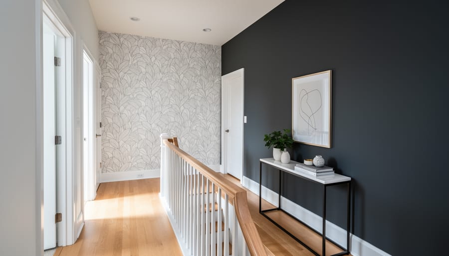 Upstairs hallway with a bold accent wall or wallpaper feature
