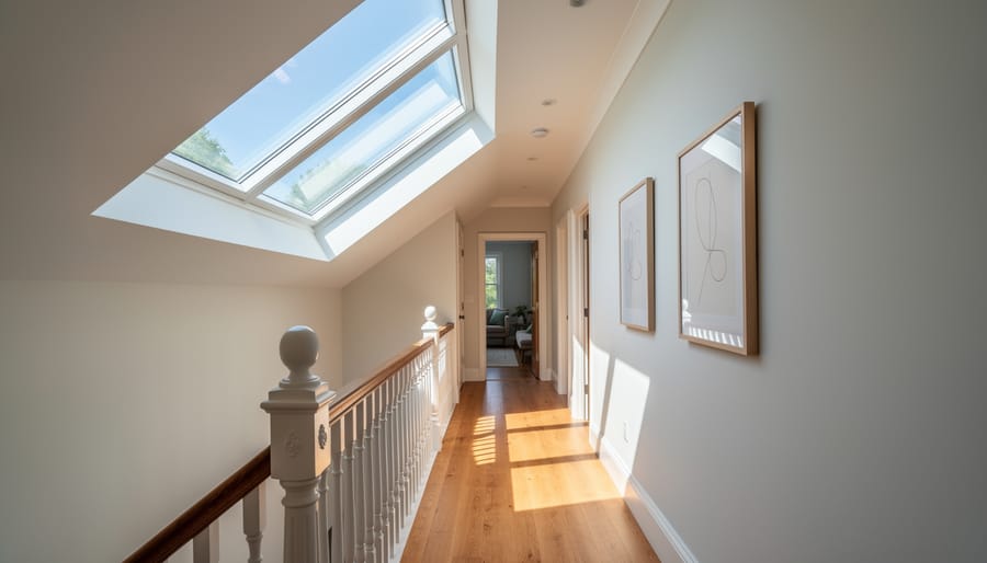 Bright upstairs hallway illuminated by a skylight or sun tunnel overhead