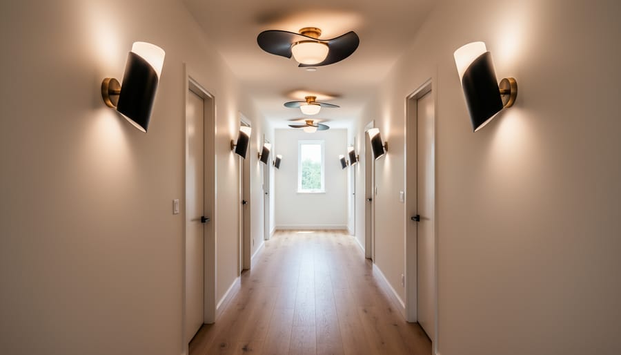 Statement pendant or chandelier lighting in an upstairs hallway