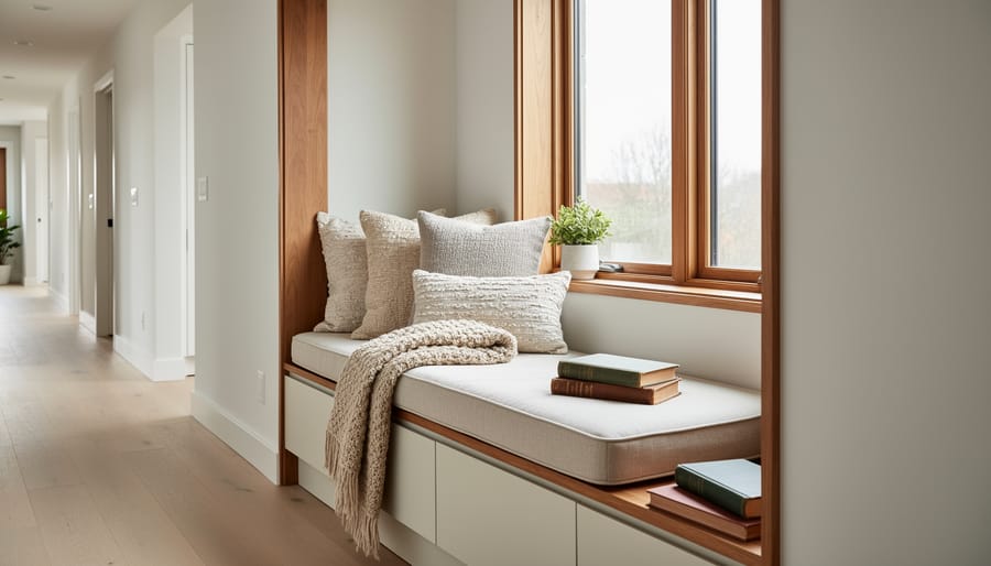 Built-in window seat reading nook in an upstairs hallway