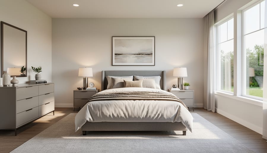 Real estate agent in a staged bedroom during daylight with visible room architecture and furnishings