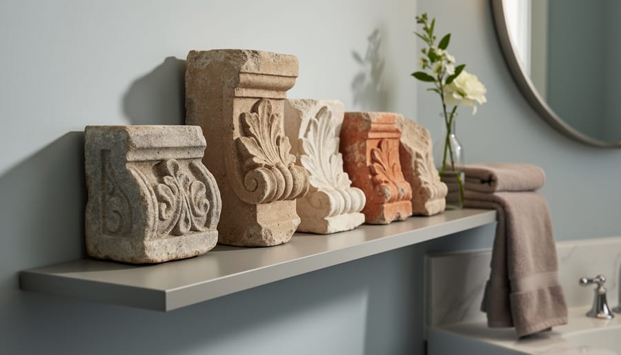 Carved architectural and antique decor pieces styled on a powder room shelf.