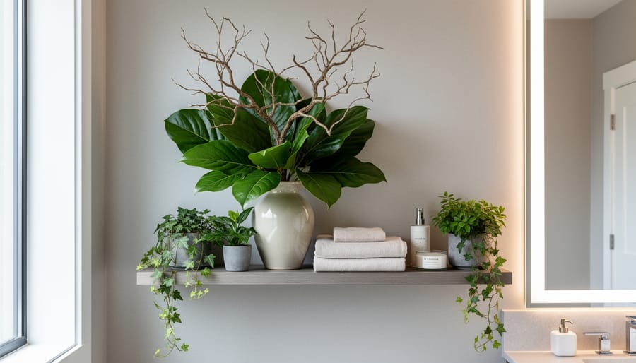 Orchid and greenery in a vase styled on a powder room shelf.