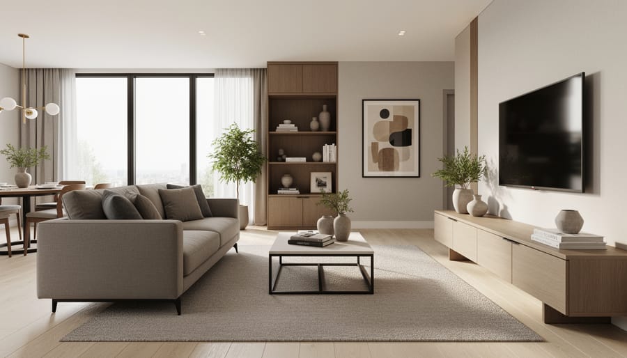 Wide view of a cohesive modern living room with large windows, warm wood finishes, and inviting neutral furnishings