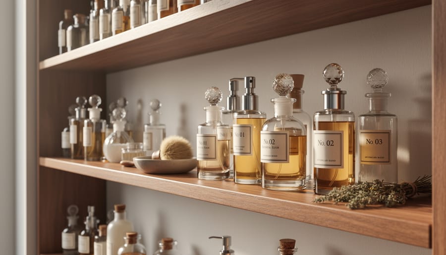 Glass perfume and apothecary bottles arranged on a powder room shelf.