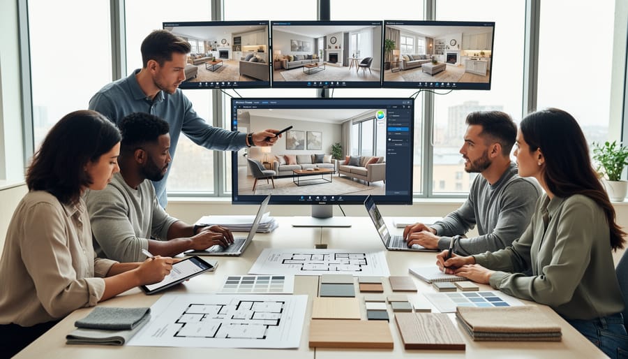 Hands holding a stylus over a tablet presenting a staged interior concept without visible text
