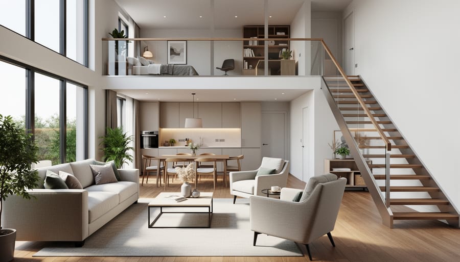 Bright duplex living room with natural light, wood accents, and a view toward a private dining area