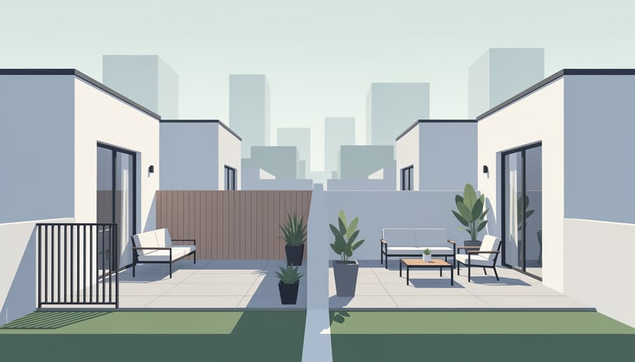 Two adjacent duplex backyards with patio spaces and greenery separated by a small fence