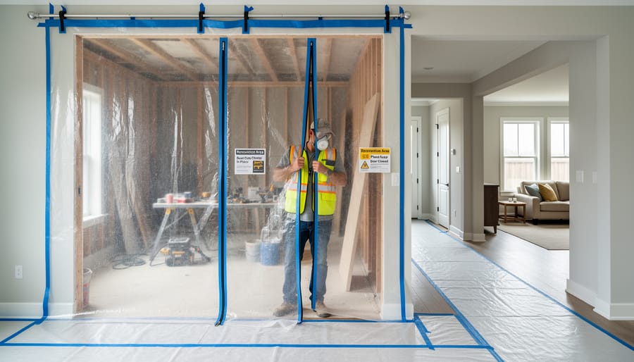 Protective plastic sheeting, taped-off areas, and a shop vacuum used for dust control during home renovation