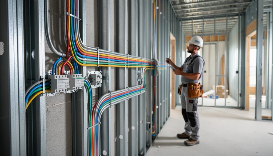 Electrician installing wiring conduit in an open wall during a smart home renovation