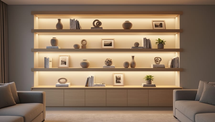 Backlit powder room shelf glowing with warm illumination behind styled decor.