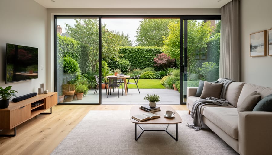 Wide view from inside a home through an open doorway onto a covered patio and garden