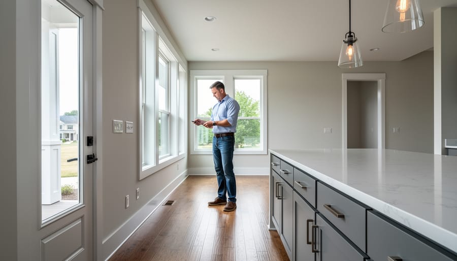 Close-up of newly finished kitchen surfaces with hands checking alignment using a level