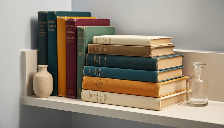 Vintage books with richly colored spines styled on a powder room shelf.