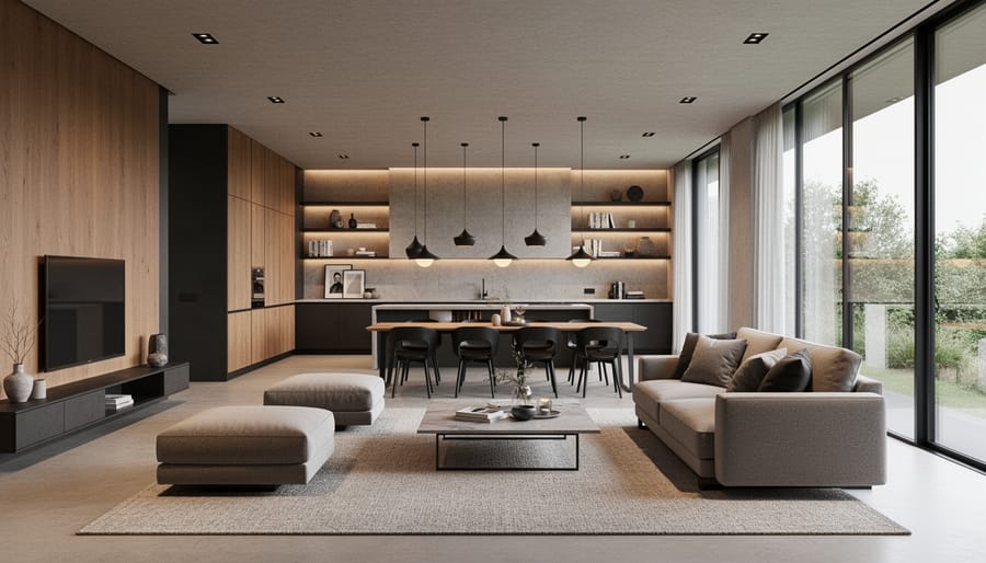 Luxury custom interior with dramatic feature staircase and stone and wood finishes illuminated by warm lighting.