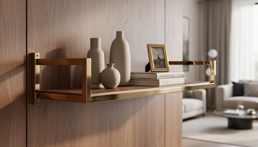 Metallic brass and gold decor on a powder room shelf with warm reflections.