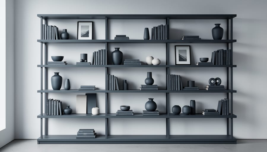 Monochromatic black decor objects styled on a powder room shelf.