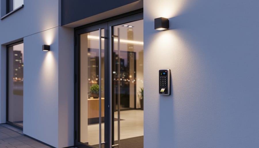 Smart doorbell and smart lock visible on a modern front door at night
