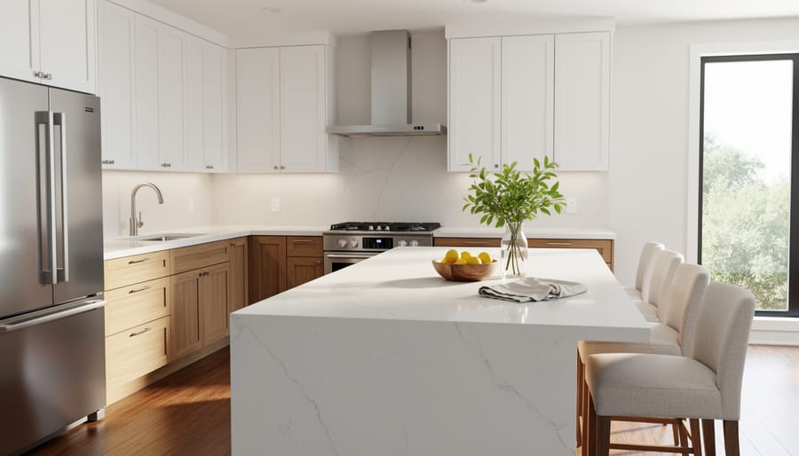 Luxury staged kitchen with warm pendant lighting and realistic shadows