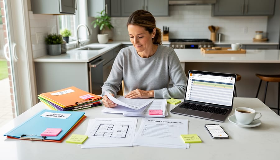 Binder and contractor clipboard on a dining table with an unfinished room softly blurred in the background