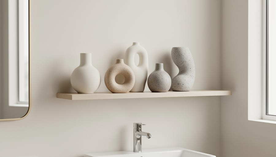 Sculptural ceramic art objects styled on a powder room shelf with dramatic lighting.