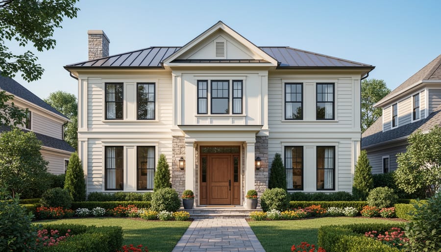 Traditional-transitional style home exterior with symmetrical facade, porch, and classic window trim.