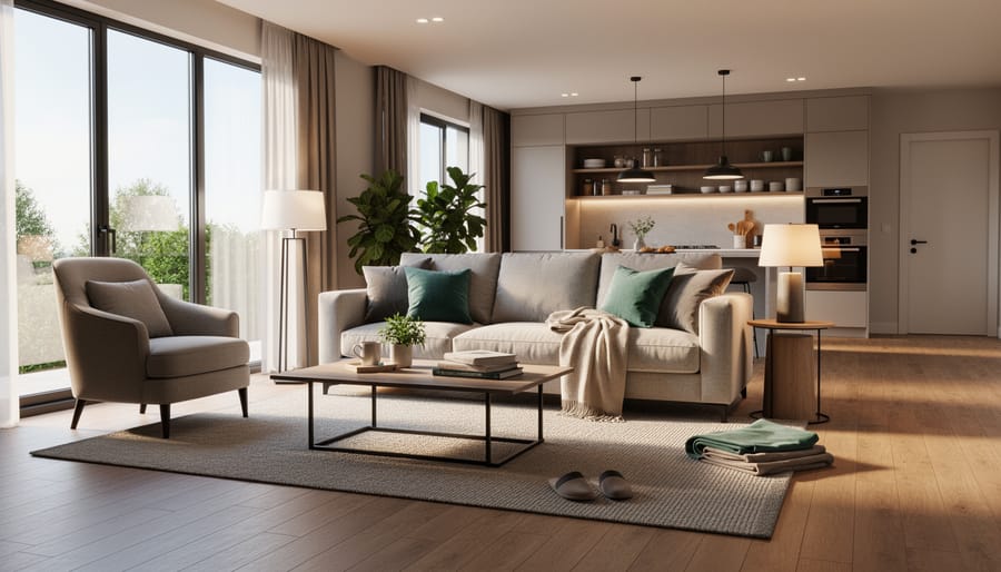 Bright custom home living room with floor-to-ceiling windows and warm wood finishes.