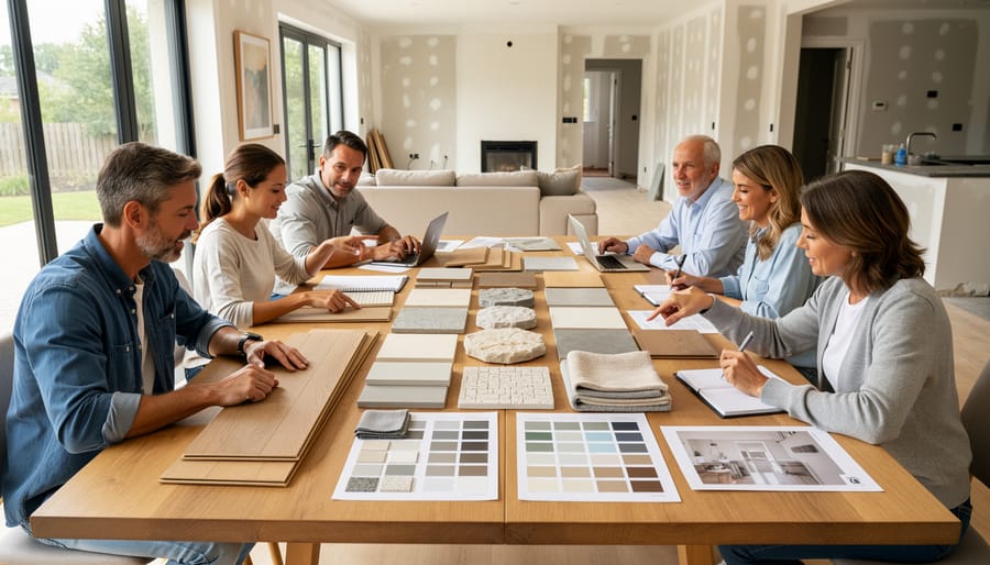 Couple reviewing home renovation materials and samples on a kitchen island with a tablet nearby