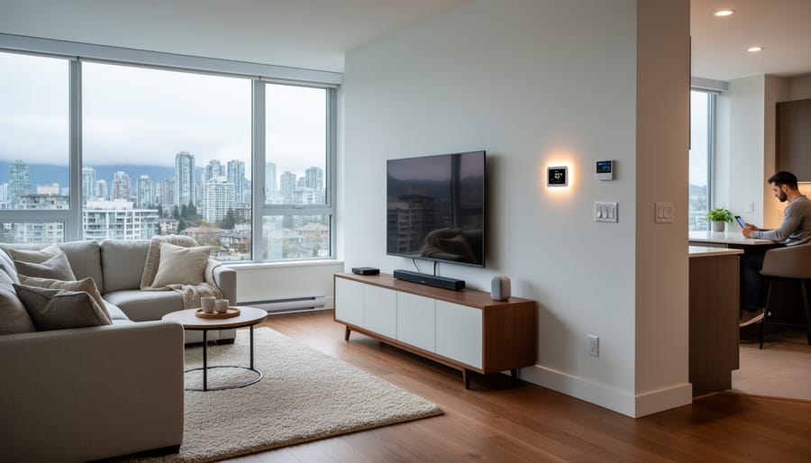 Homeowner standing in a renovated living room while using a smartphone to control smart home features