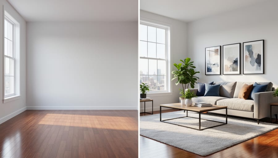 Bright empty living room shown with subtle staged-furniture illumination on a monitor stand