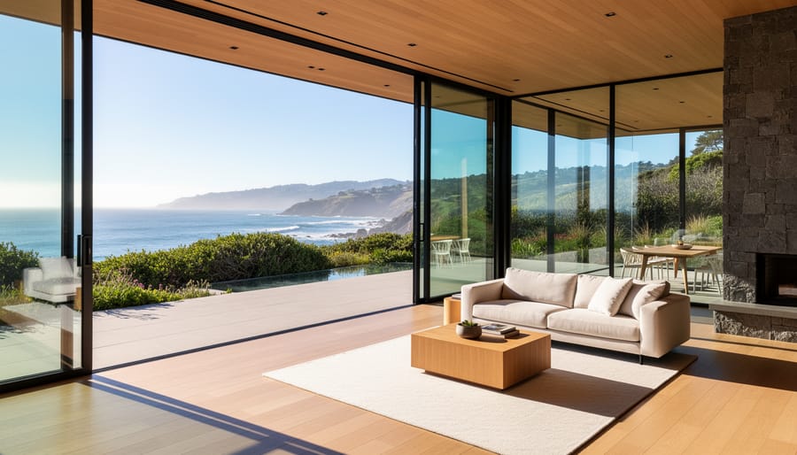 West Coast contemporary custom home exterior with cedar cladding, large windows, and stone entry in golden light.